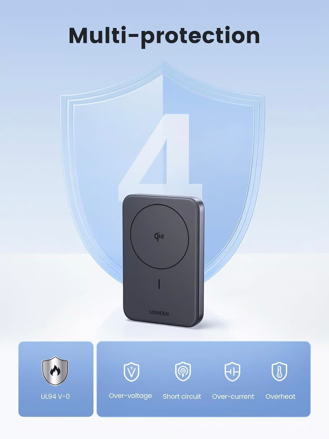 Externí baterie UGREEN PB761, 10000mAh, 30W, PD + FQI, 1 x QI - 1 x USB-C, Šedá