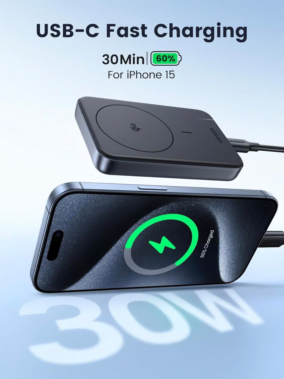 Externí baterie UGREEN PB761, 10000mAh, 30W, PD + FQI, 1 x QI - 1 x USB-C, Šedá