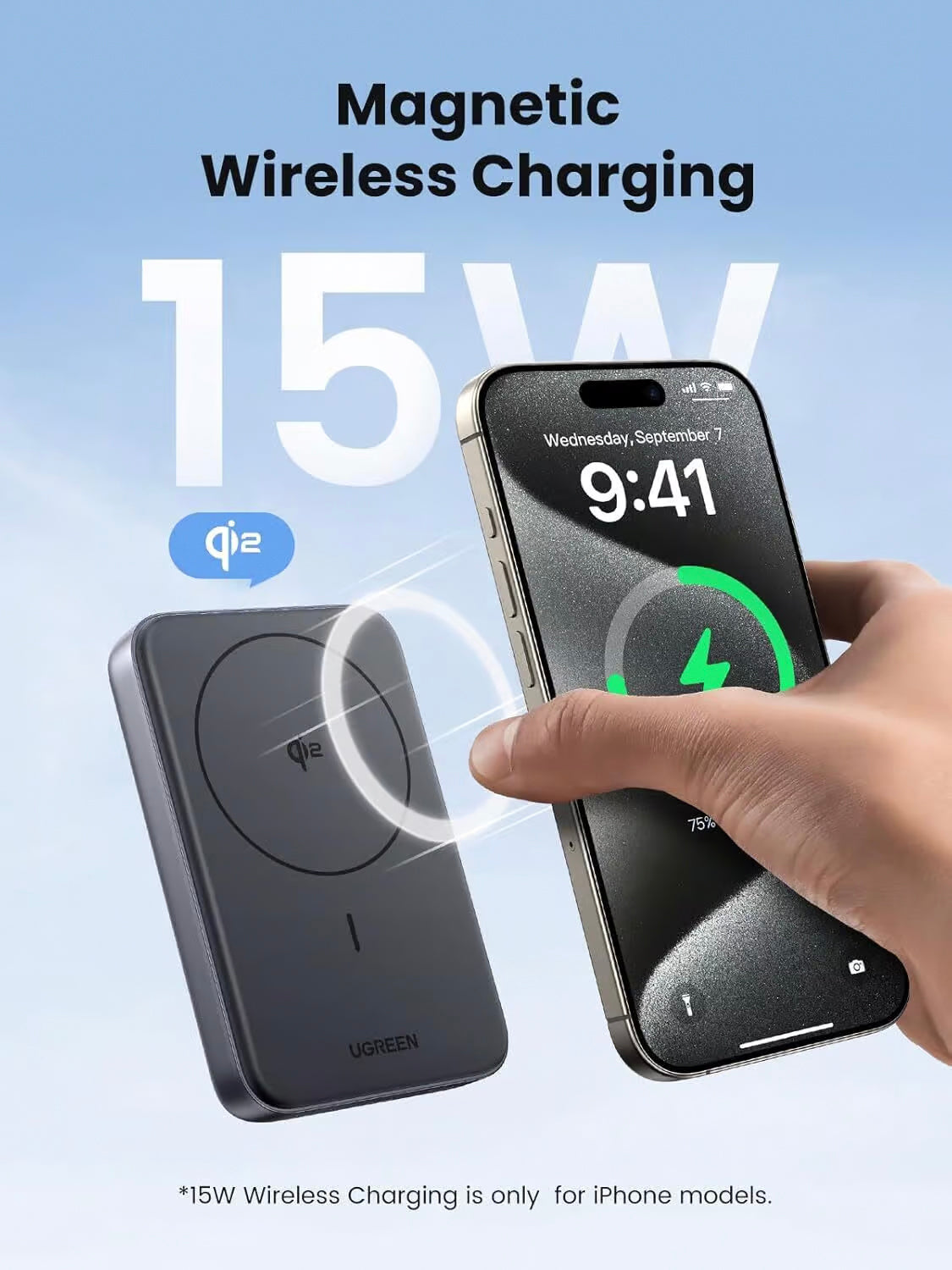 Externí baterie UGREEN PB761, 10000mAh, 30W, PD + FQI, 1 x QI - 1 x USB-C, Šedá