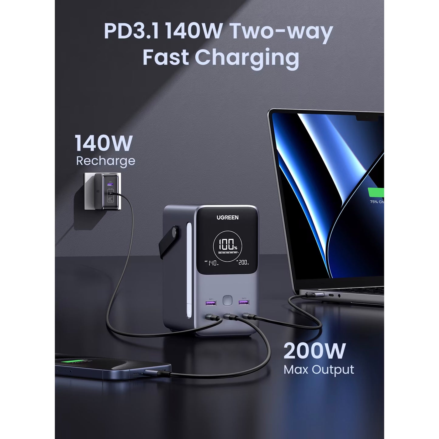 Externí baterie UGREEN PB770, 48000mAh, 300W, QC + PD, 2 x USB-A - 3 x USB-C, šedá