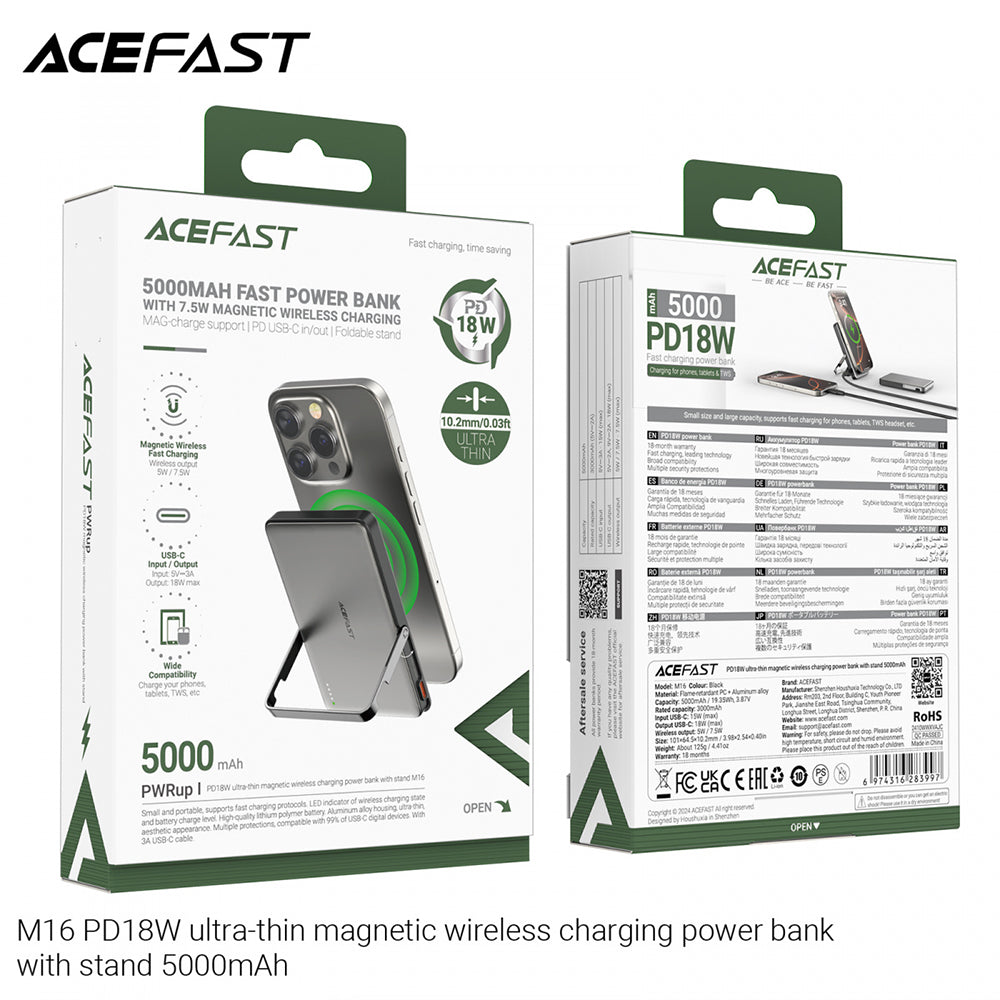 Bezdrátová externí baterie Acefast M16, 5000mAh, 18W, PD + FQI, 1 x QI - 1 x USB-C, černá