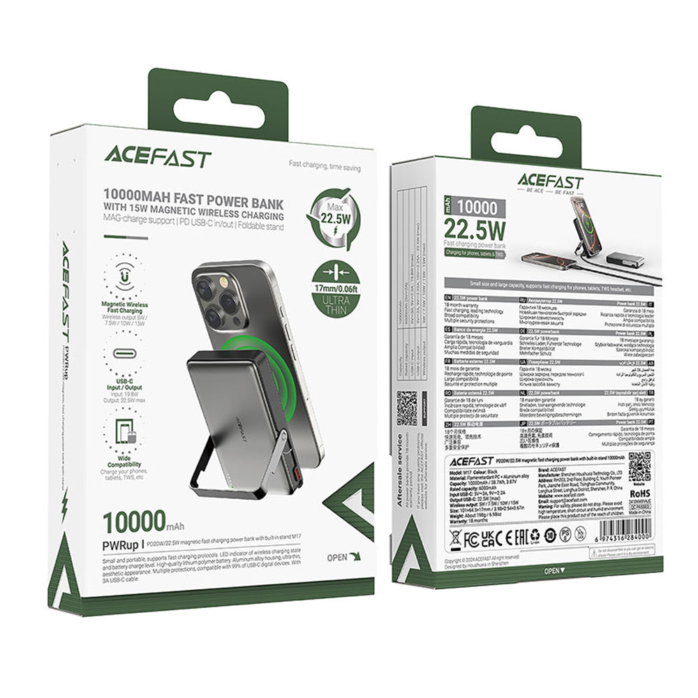 Bezdrátová externí baterie Acefast M17, 10000mAh, 22.5W, PD + FQI, 1 x QI - 1 x USB-C, černá.