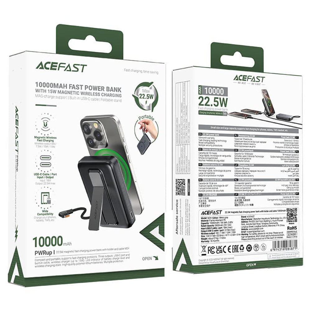 Bezdrátová externí baterie Acefast M24, 10000mAh, 22.5W, PD + FQI, 1 x QI - 2 x USB-C, šedá