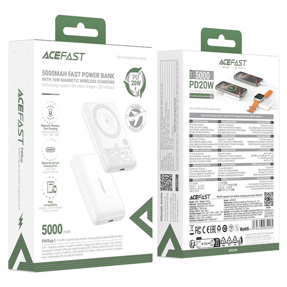 Bezdrátová externí baterie Acefast M25, 5000mAh, 20W, PD + FQI, 1 x QI - 1 x USB-C, Bílá