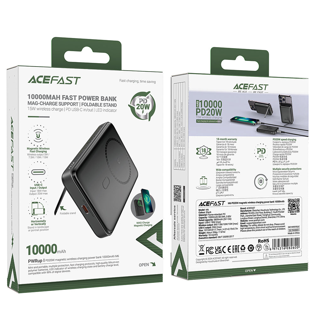 Bezdrátová externí baterie Acefast M6, 10000mAh, 20W, PD + FQI, 1 x QI - 1 x USB-C, černá