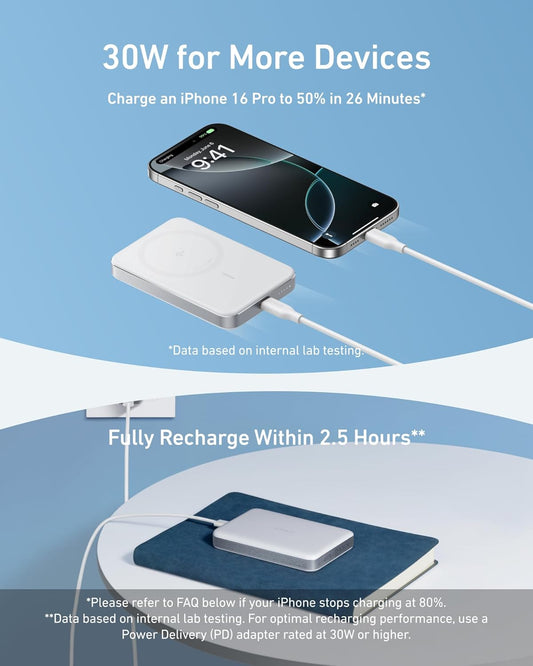 Bezdrátová externí baterie Anker MagGo Slim, 10000 mAh, 30 W, PD + FQI, 1 x QI - 1 x USB-C, bílá A1664H21 A1664H21