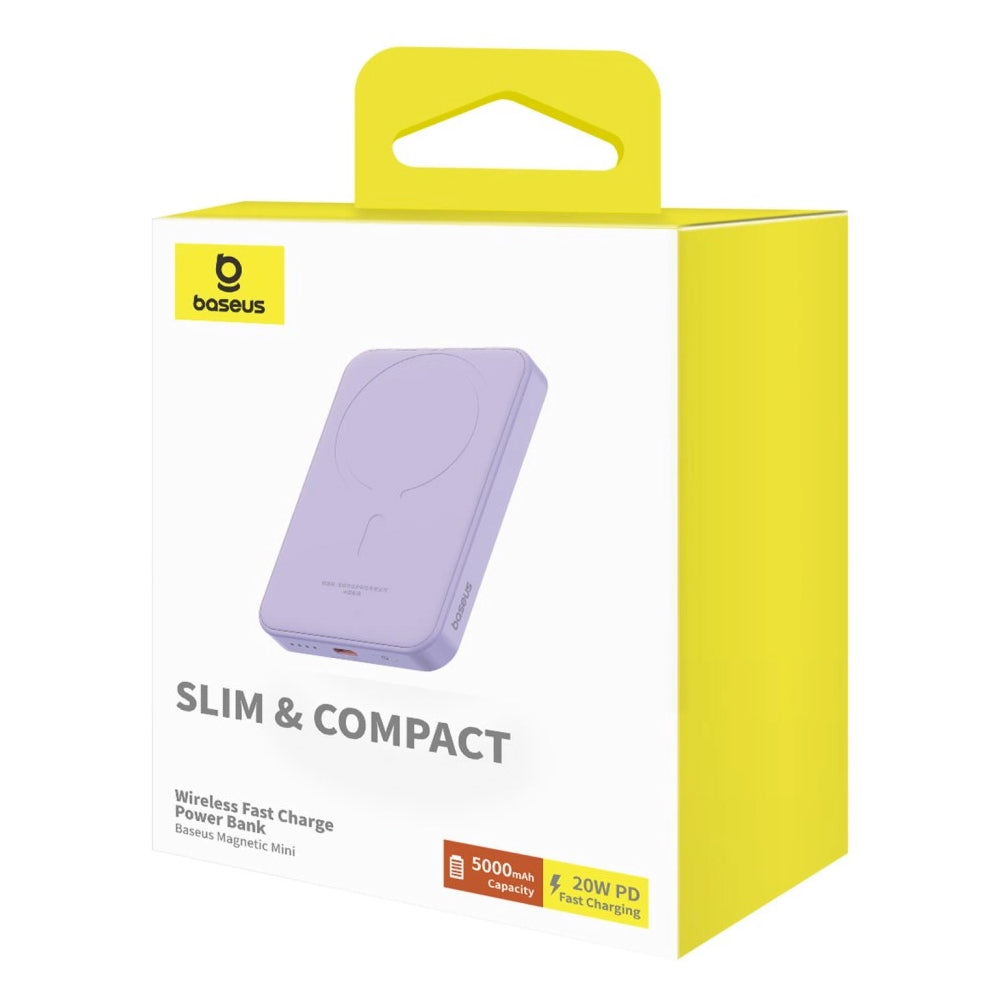 Externí bezdrátová baterie Baseus Magnetic Mini, 5000mAh, 20W, PD + FQI, 1 x QI - 1 x USB-C, Fialová P10022107513