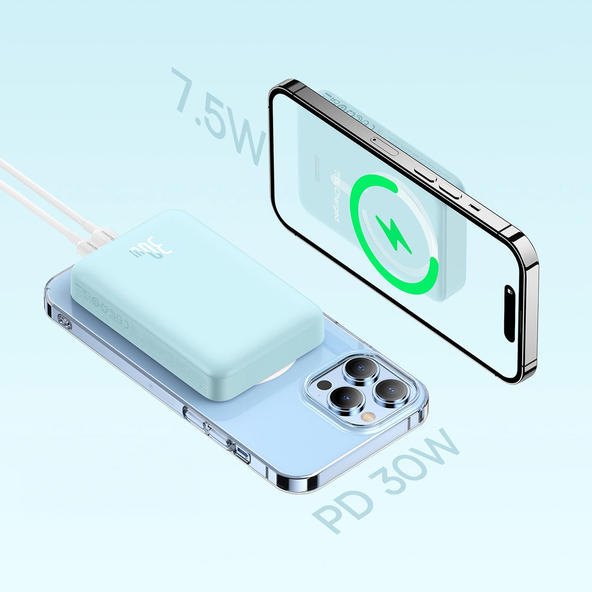 Externí bezdrátová baterie Baseus Magnetic Mini, 10000mAh, 30W, PD + FQI, 1 x QI - 1 x USB-C, Modrá PPCX110203