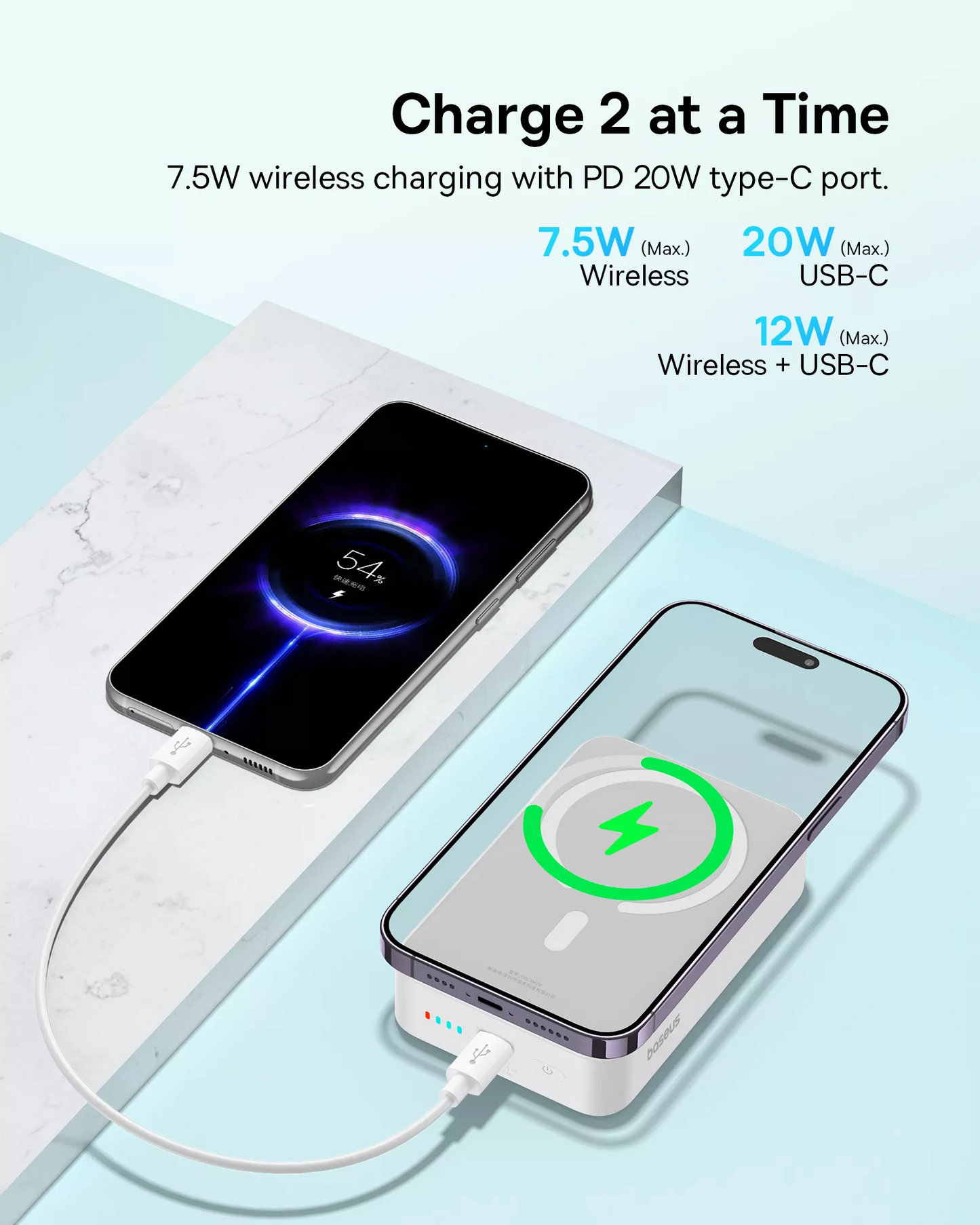 Bezdrátová externí baterie Baseus EnerFill FM41 Mini, 20000mAh, 20W, PD + FQI, 1 x QI - 1 x USB-C, bílá E0027U01