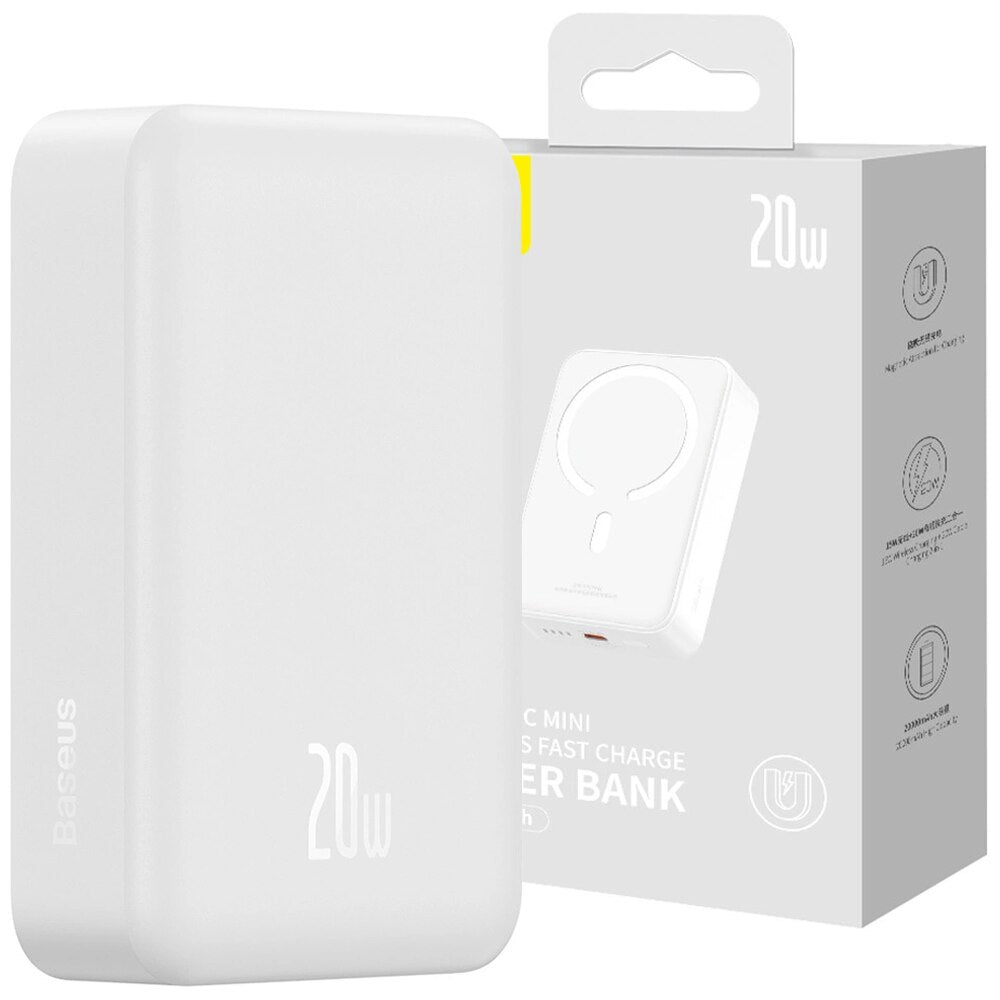 Bezdrátová externí baterie Baseus Magnetic Mini, 20000mAh, 20W, PD + FQI, 1 x QI - 1 x USB-C, bílá PPCX150002
