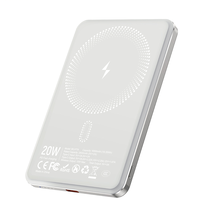Bezdrátová externí baterie BWOO P79, 5000mAh, 20W, PD + FQI, 1 x QI - 1 x USB-C, Šedá