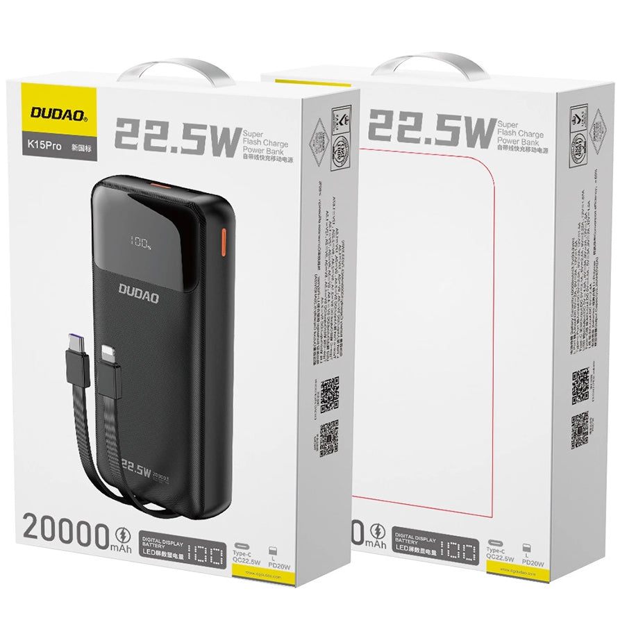 Externí baterie Dudao K15Pro, 20000mAh, 22.5W, QC + PD, 1 x Lightning - 1 x USB-A - 2 x USB-C, Černá