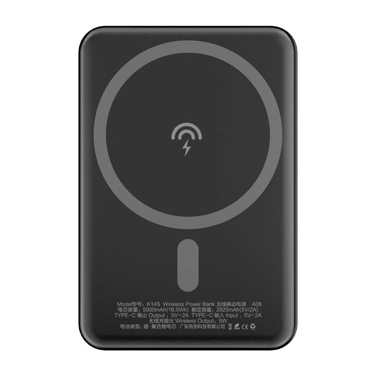 Bezdrátová externí baterie Dudao K14S, 5000mAh, 10W, PD + QI, 1 x QI - 1 x USB-C, černá