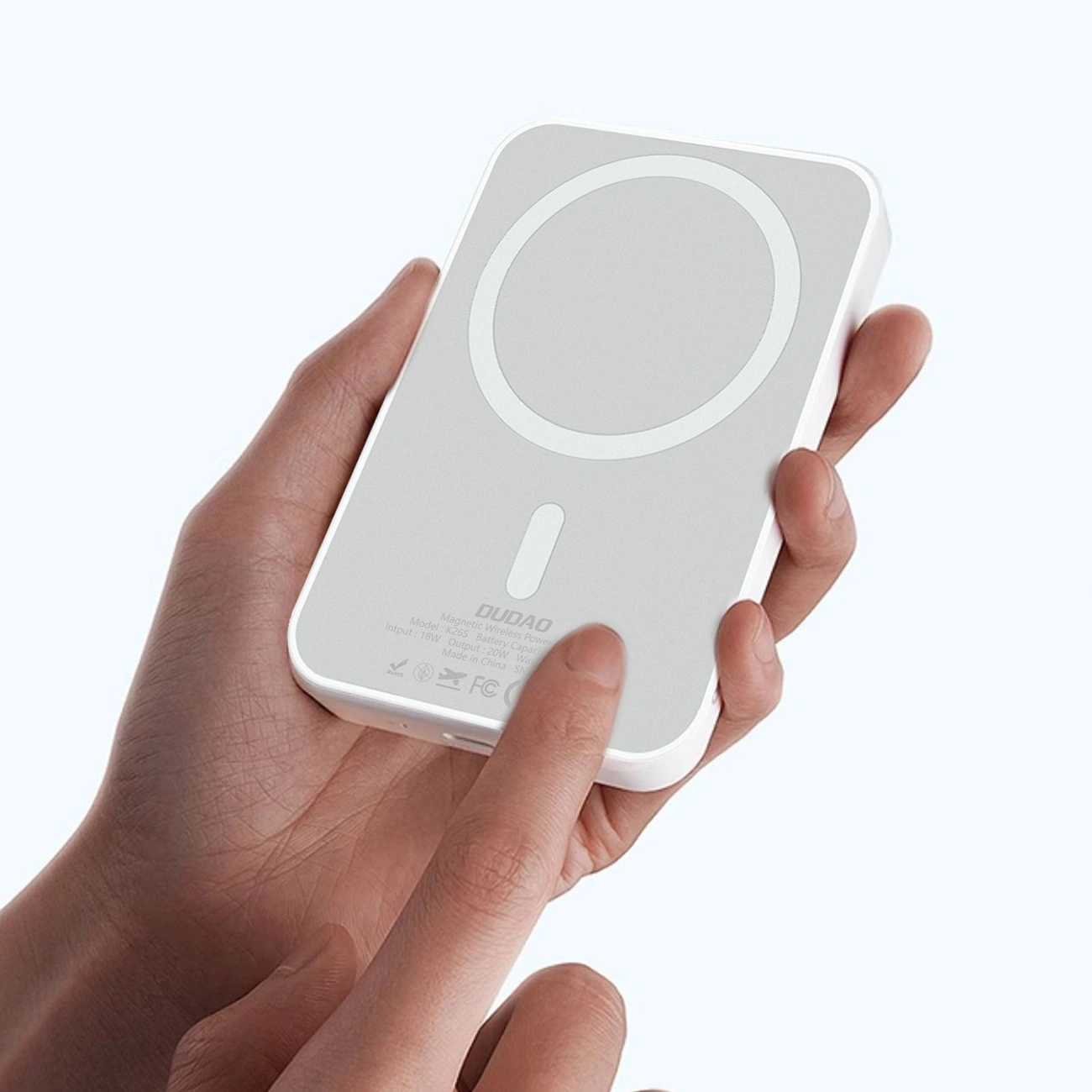 Bezdrátová externí baterie Dudao K26, 10000mAh, 20W, PD + FQI, 1 x QI - 1 x USB-C, Bílá