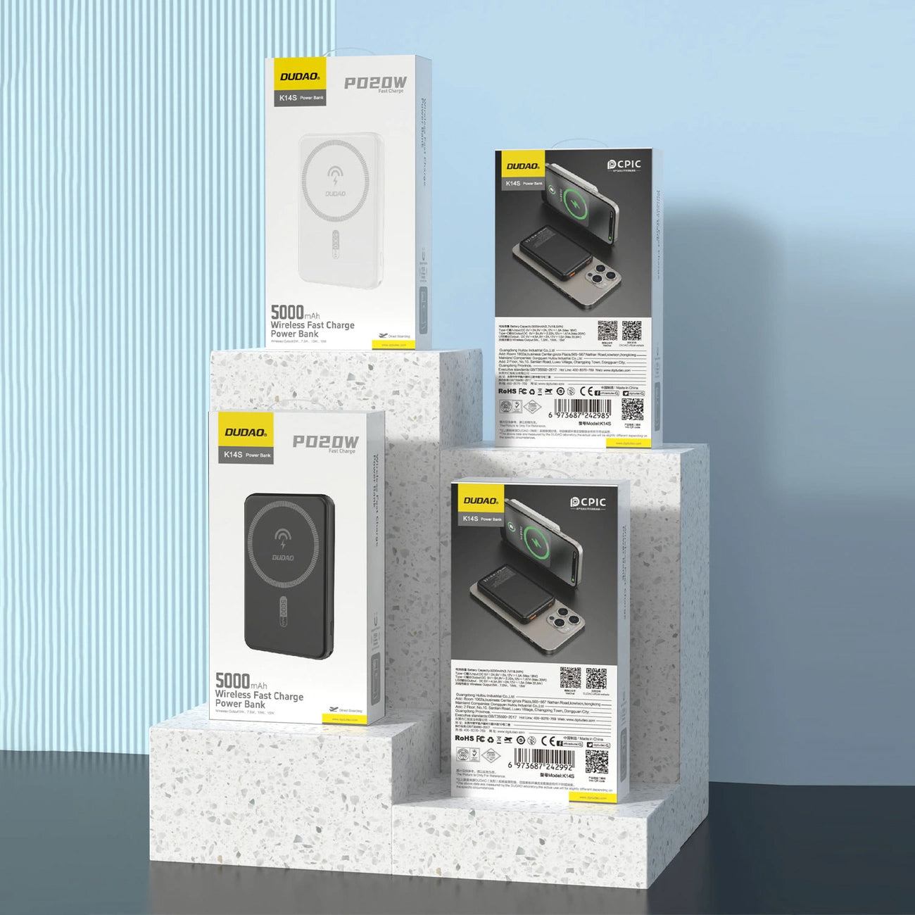 Externí bezdrátová baterie Dudao K14S, 5000mAh, 10W, PD + QI, 1 x QI - 1 x USB-C, Černá