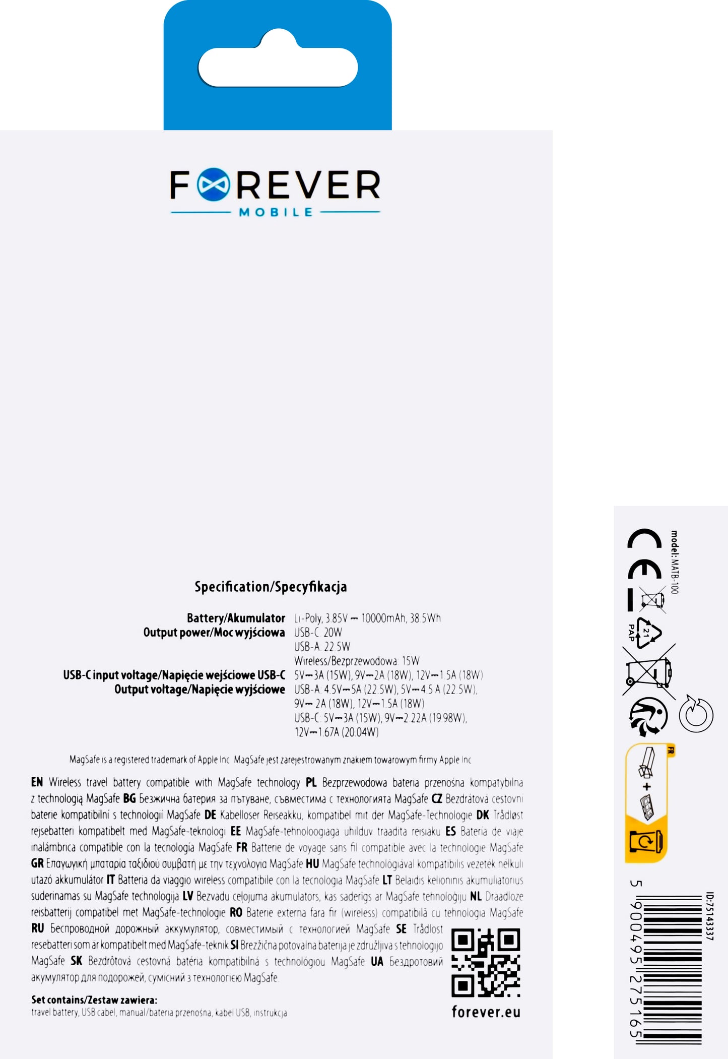 Forever MATB-100 Bezdrátová externí baterie, 10000mAh, 22,5W, QC + PD + FQI, 1 x QI - 1 x USB-A - 1 x USB-C, černá