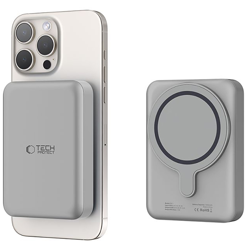 Bezdrátová externí baterie Tech-Protect PB11 LifeMag, 10000mAh, 15W, PD + FQI, 1 x QI - 1 x USB-C, šedá, znovu zabalená