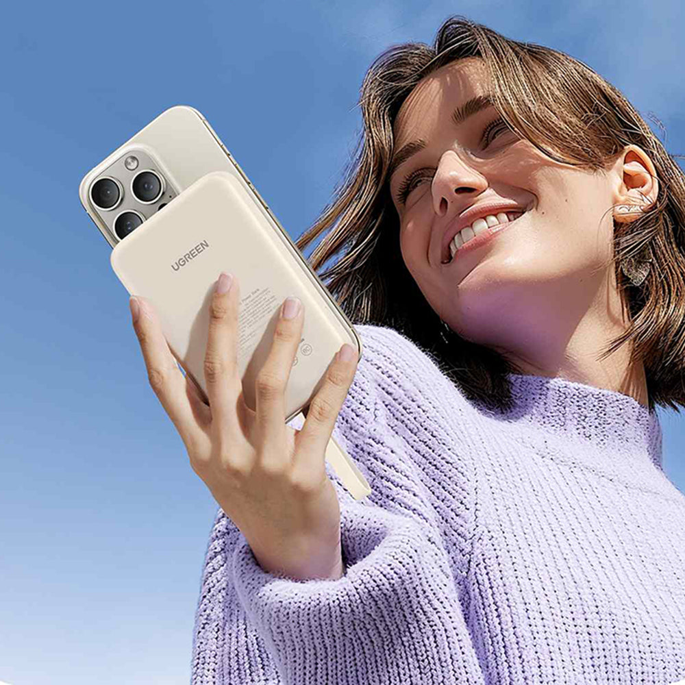 Bezdrátová externí baterie UGREEN PB760, 10000mAh, 20W, PD + FQI, 1 x QI - 1 x USB-C, Béžová