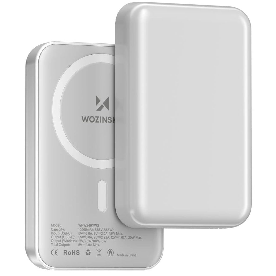 Bezdrátová externí baterie WZK WRW349YWS, 10000mAh, 20W, PD + FQI, 1 x QI - 1 x USB-C, Bílá