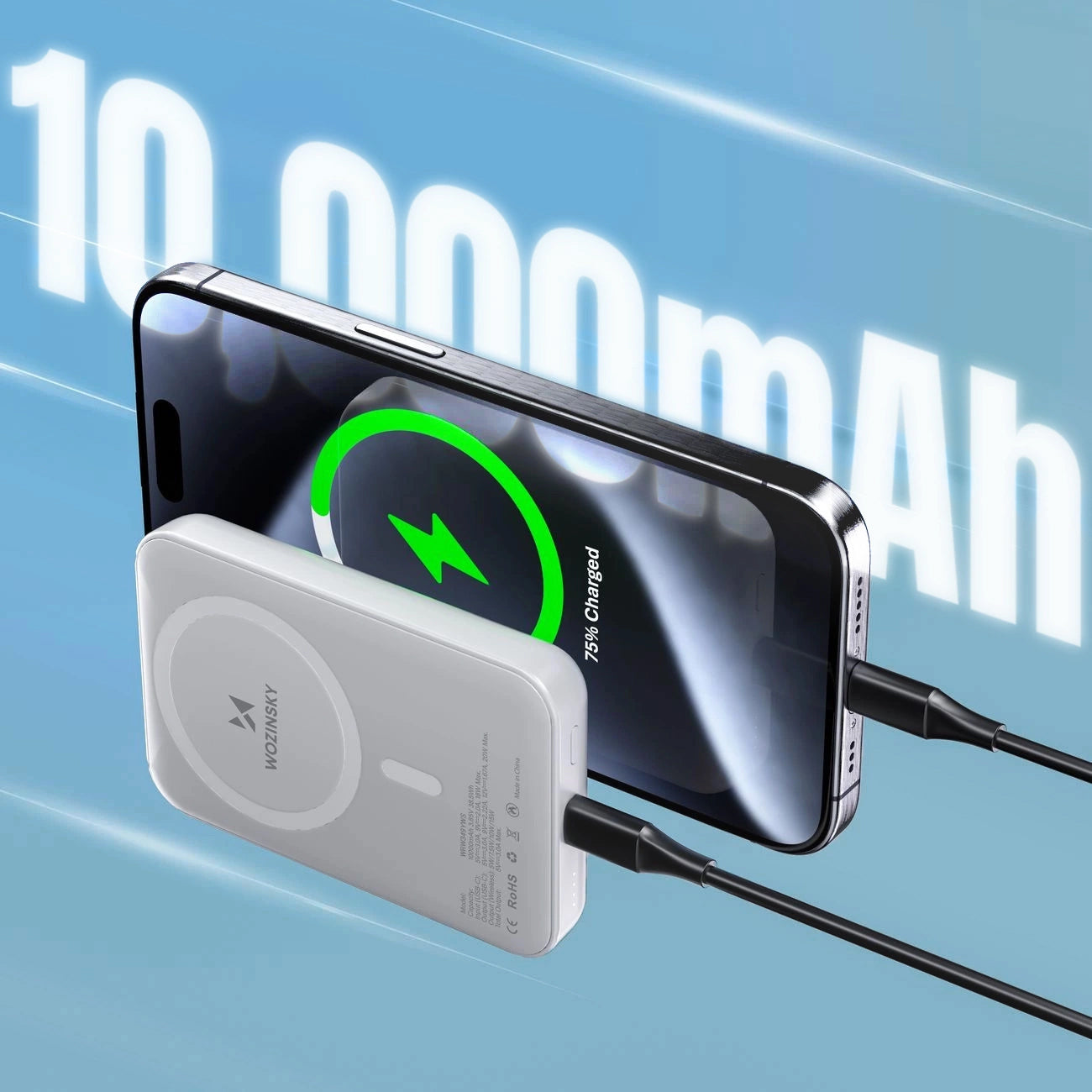 Bezdrátová externí baterie WZK WRW349YWS, 10000mAh, 20W, PD + FQI, 1 x QI - 1 x USB-C, Bílá