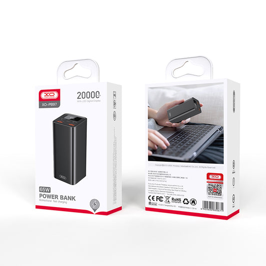 Externí baterie XO Design PB97, 20000mAh, 65W, QC + PD, 2 x USB-A - 2 x USB-C, Černá