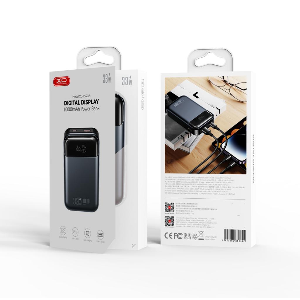 Externí baterie XO Design PR232, 10000mAh, 33W, QC + PD, 1 x USB-A - 1 x USB-C, Černá