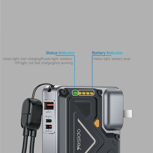 Externí baterie Yesido YP89, 10000mAh, 22.5W, QC + PD + FQI, 1 x Lightning - 1 x QI - 1 x USB-A - 1 x USB-C, šedá