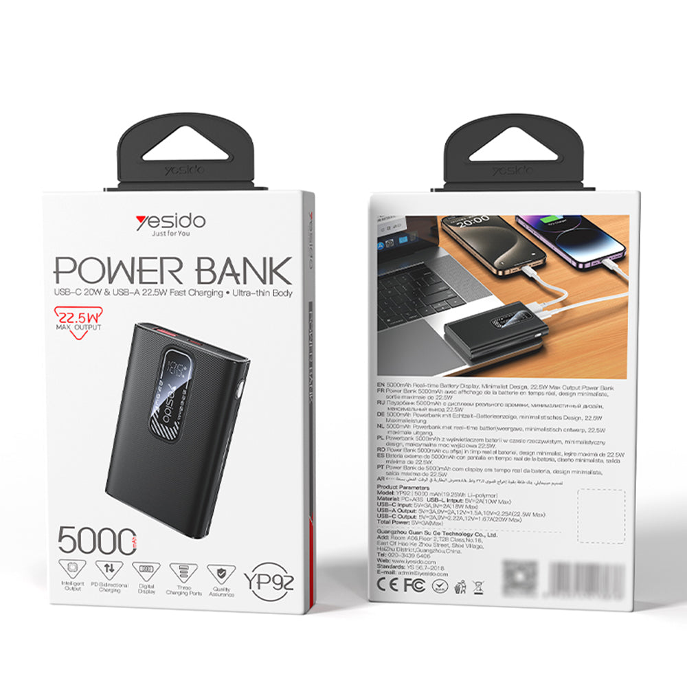 Externí baterie Yesido YP92, 5000mAh, 22.5W, QC + PD, 1 x USB-A - 1 x USB-C, Černá