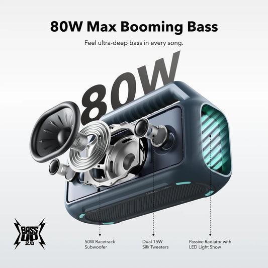 Přenosný reproduktor Bluetooth Anker SoundCore Boom 2, 80W, RGB, vodotěsný, modrý A3138031