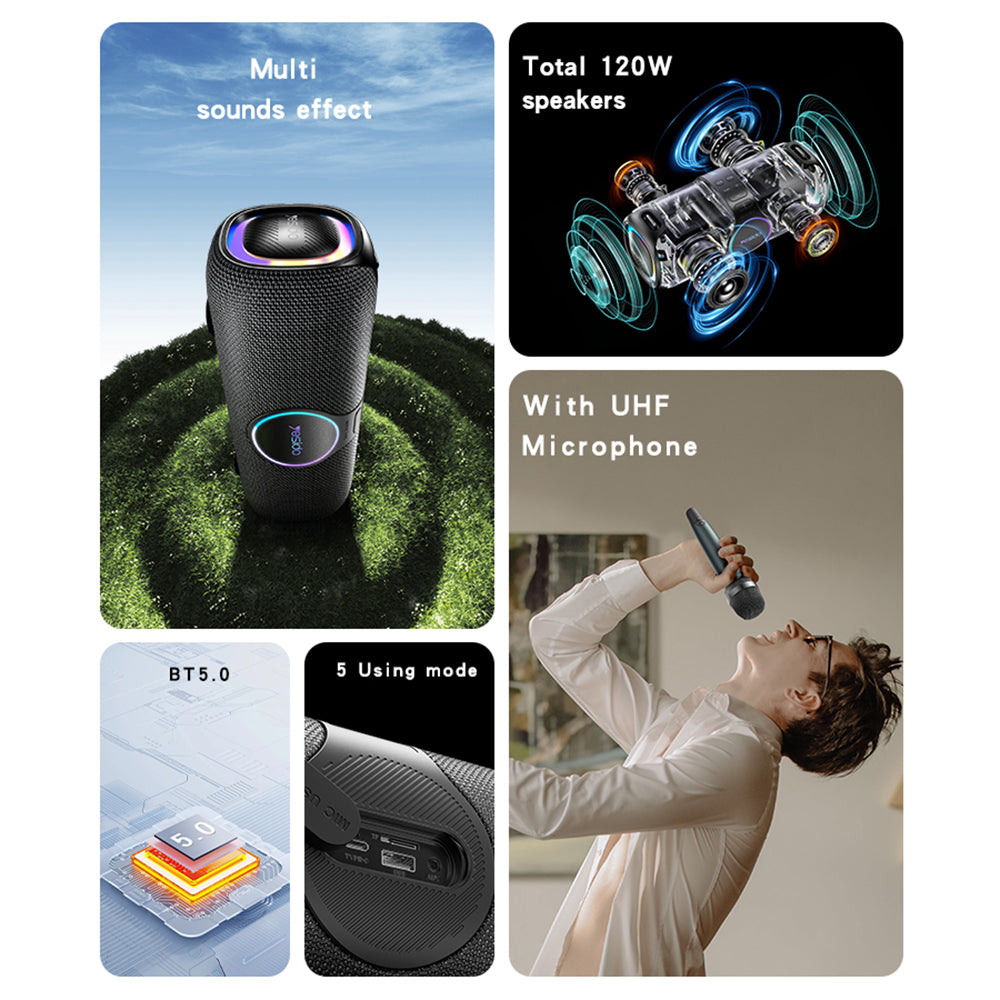Bluetooth reproduktor Yesido YSW21 Karaoke, 120W, RGB, vodotěsný, černý