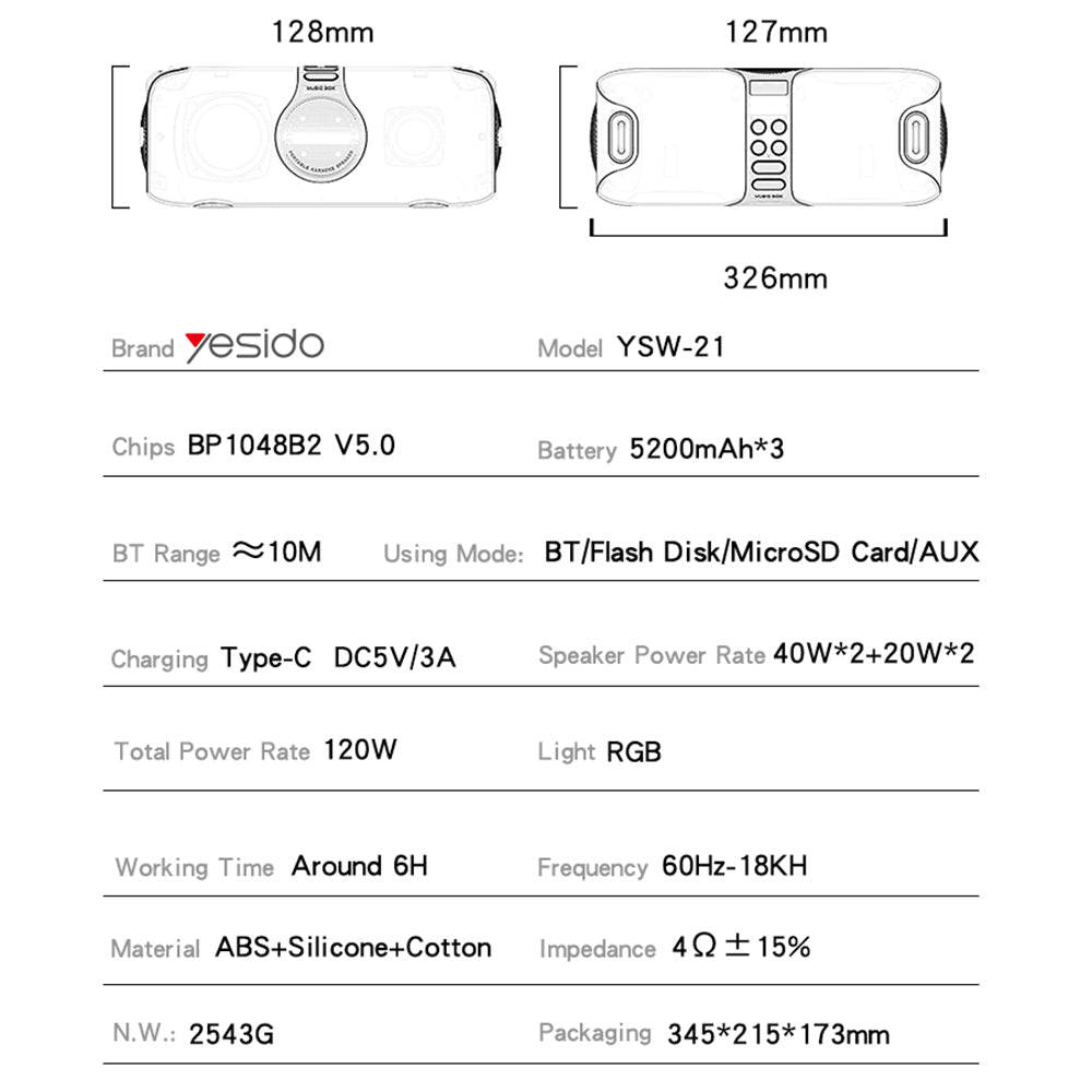 Bluetooth reproduktor Yesido YSW21 Karaoke, 120W, RGB, vodotěsný, černý