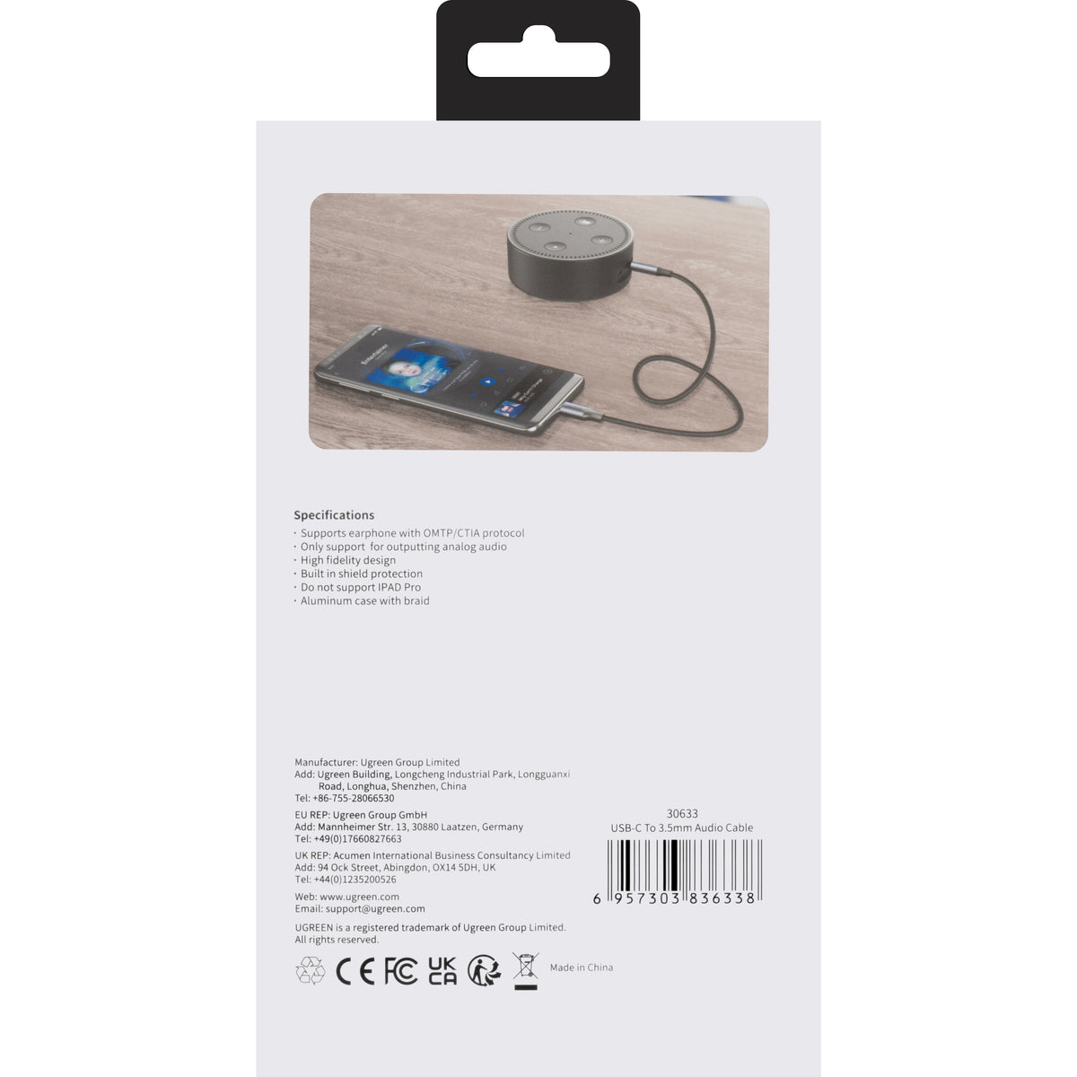 Audio kabel USB-C - 3.5mm UGREEN AV143, 1m, šedý