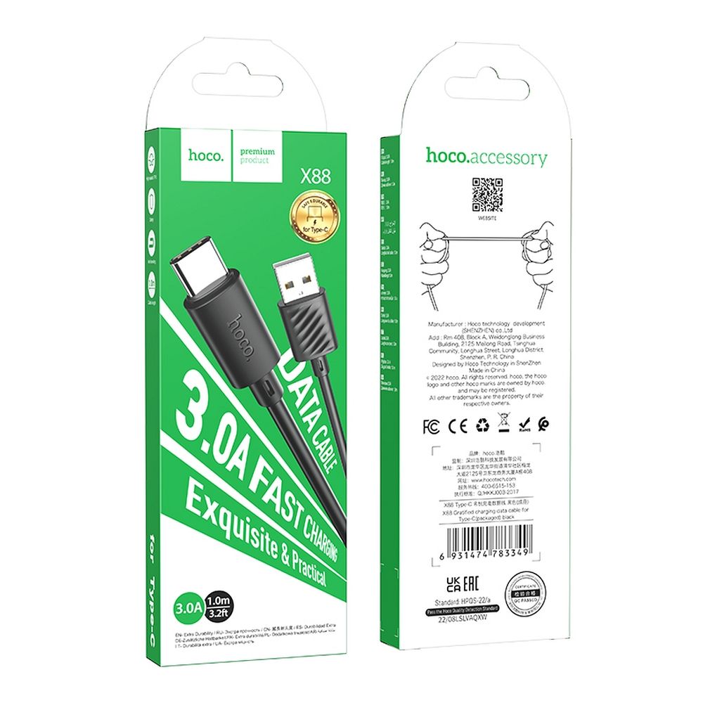 Datový a nabíjecí kabel USB-A - USB-C HOCO X88, 18W, 1m, černý