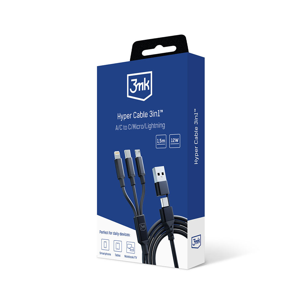 Nabíjecí kabel USB-A / USB-C - Lightning / microUSB / USB-C 3MK Hyper 3in1, 12W, 1.5m, Černý