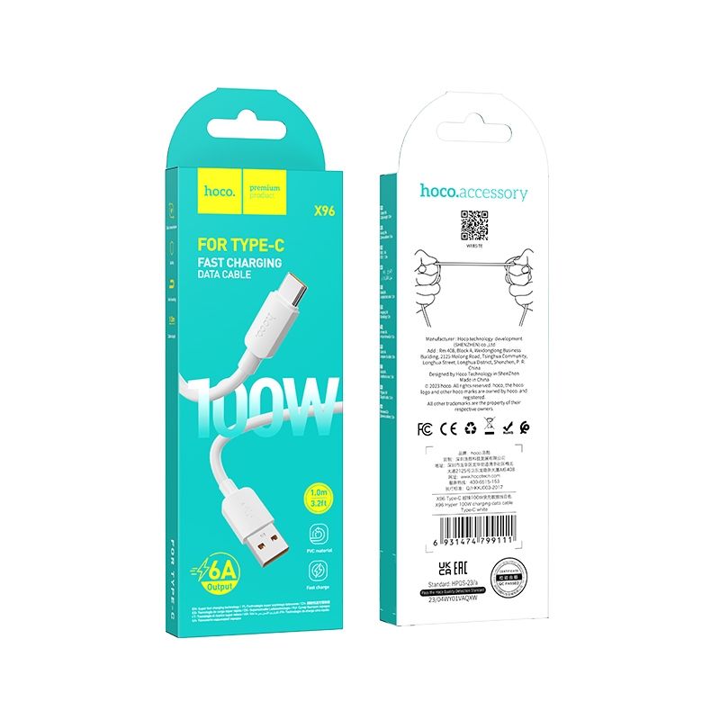 Datový a nabíjecí kabel USB-A - USB-C HOCO X96, 100W, 1m, Bílý