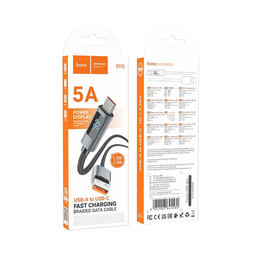 Datový a nabíjecí kabel USB-A - USB-C HOCO Display X112, 100W, 1m, Černý