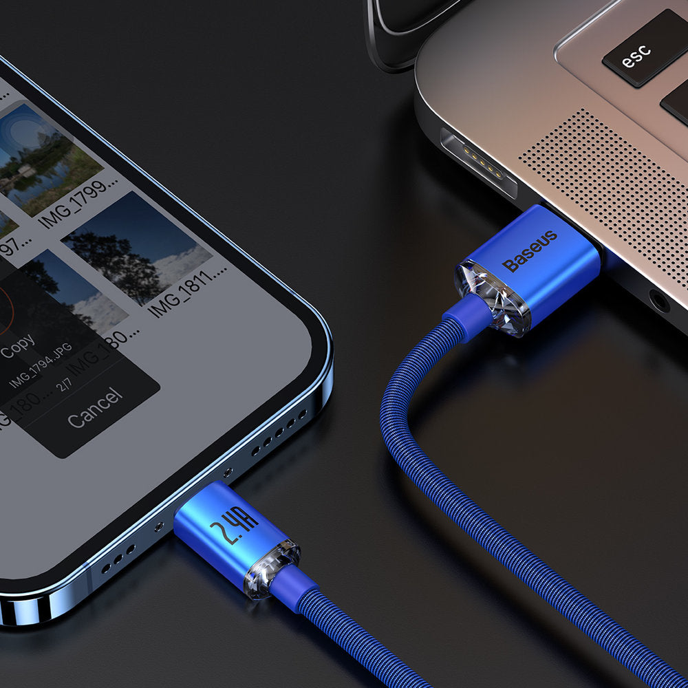 Datový a nabíjecí kabel USB-A - Lightning Baseus Crystal Shine Series, 18W, 1.2m, Modrý CAJY000003