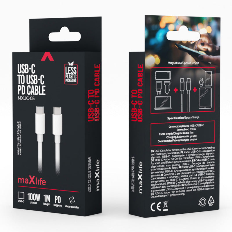 Kabel pro data a nabíjení USB-C - USB-C MaXlife MXUC-05, 100W, 1m, bílý