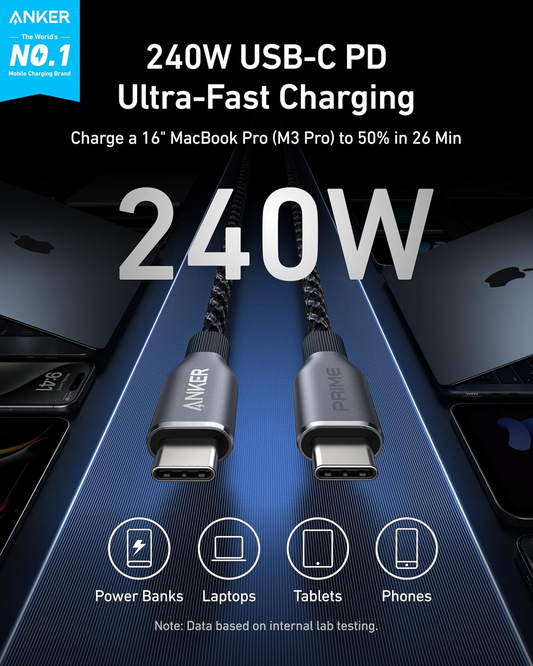 Datový a nabíjecí kabel USB-C – USB-C Anker Prime, 240 W, 0,9 m, černý A88E2011