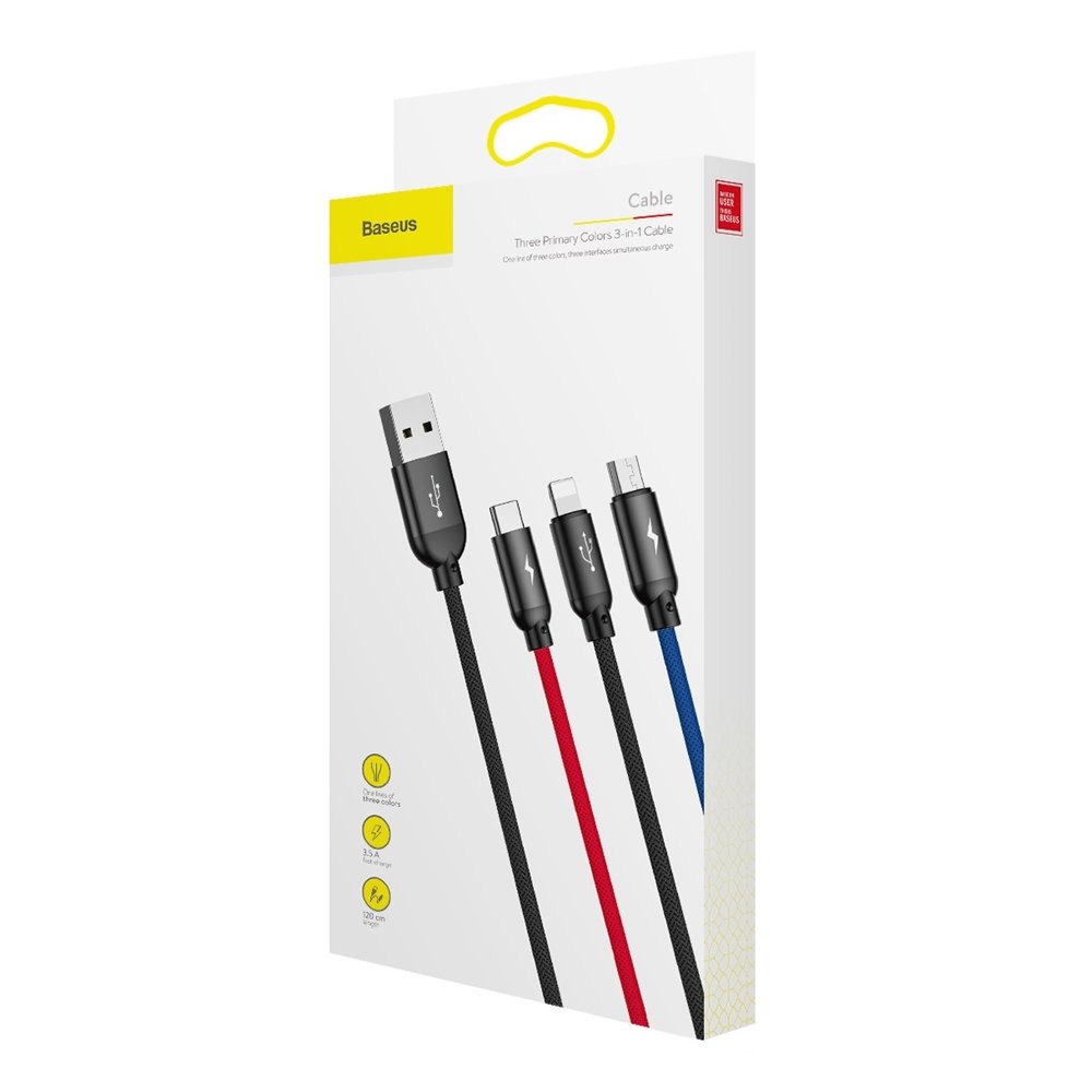 Nabíjecí kabel USB-A - Lightning / microUSB / USB-C Baseus Colors 3v1, 20W, 1.2m, Černý CAMLT-BSY01