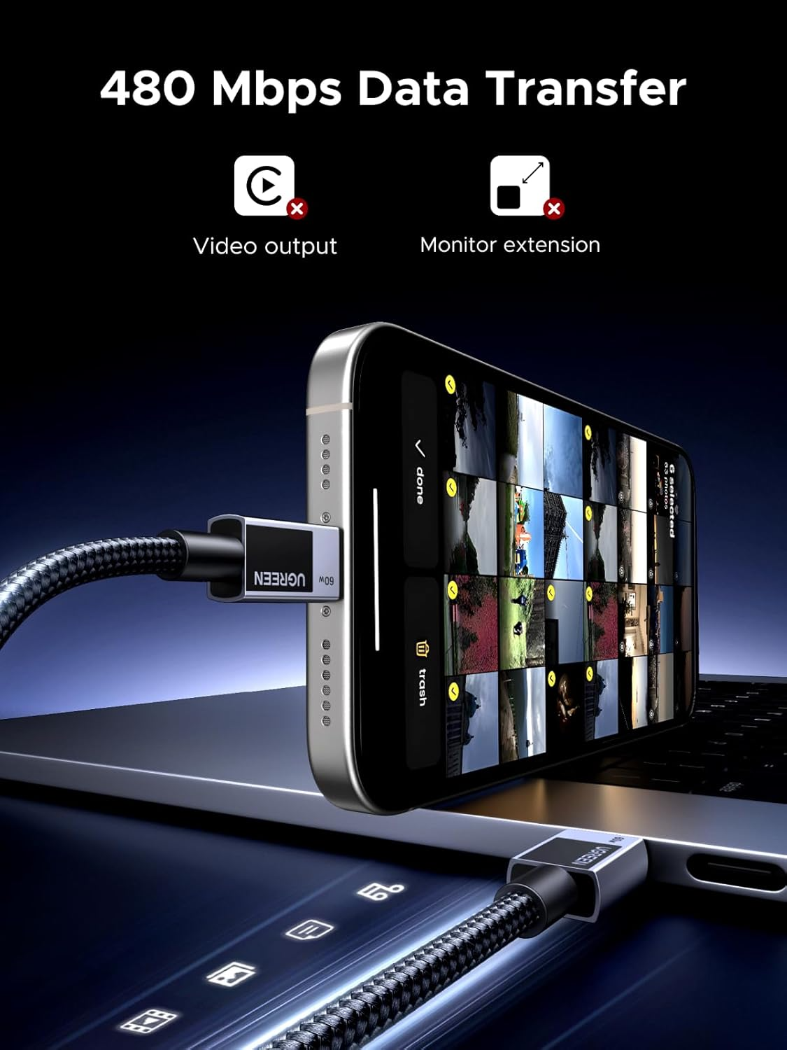 Kabel pro data a nabíjení USB-C - USB-C UGREEN L524, 60W, 2m, šedý