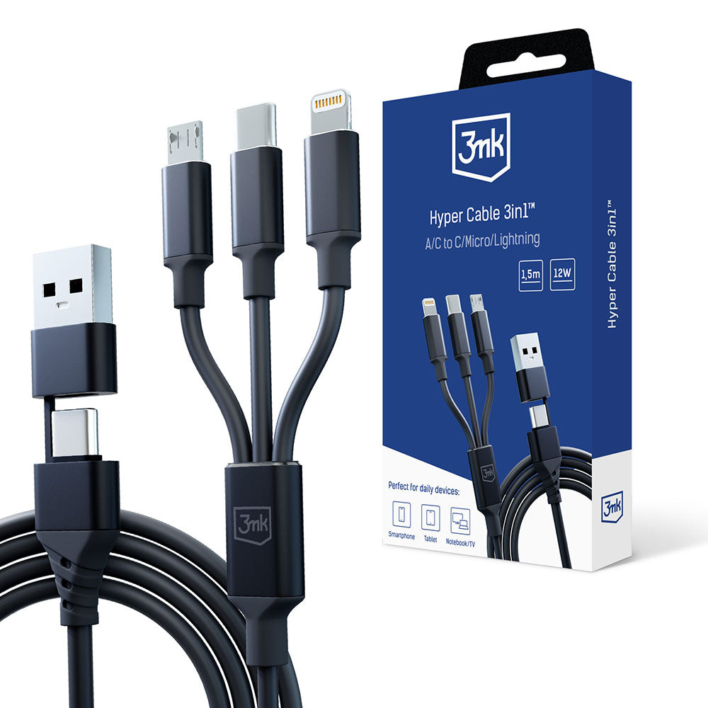 Nabíjecí kabel USB-A / USB-C - Lightning / microUSB / USB-C 3MK Hyper 3in1, 12W, 1.5m, Černý