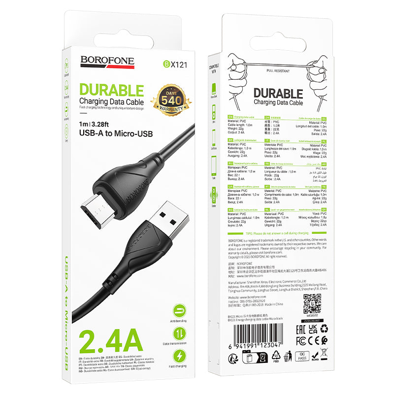 Datový a nabíjecí kabel USB-A - microUSB Borofone BX121 Energy, 18W, 1m, černý