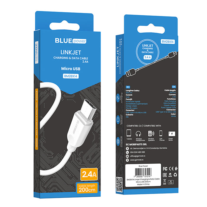 Datový a nabíjecí kabel USB-A na microUSB BLUE Power BM2BX14 LinkJet, 18 W, 2 m, bílý