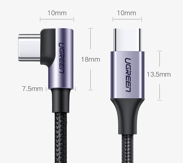 Kabel pro data a nabíjení USB-C - USB-C UGREEN US255 Angled, 60W, 1m, šedý
