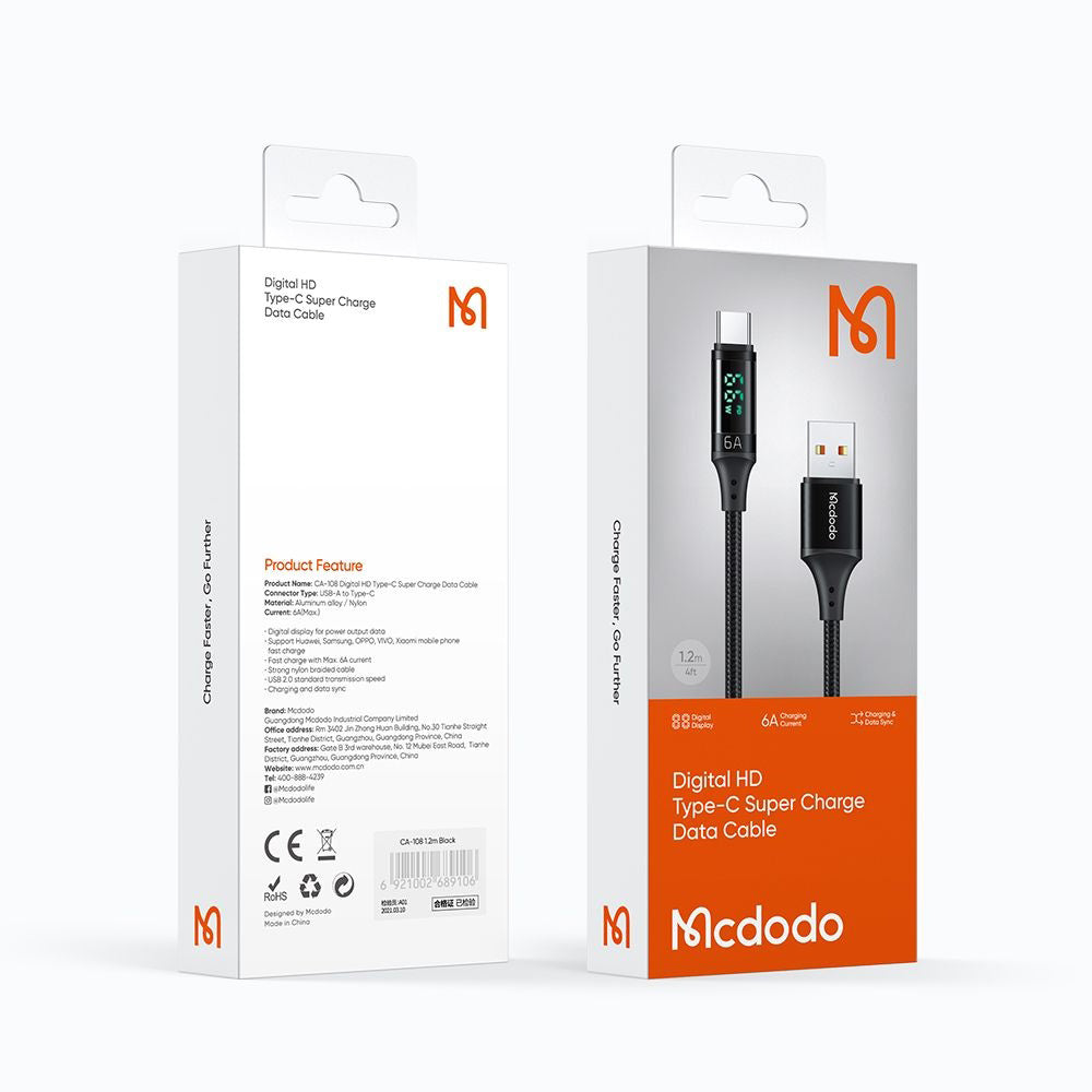 Datový a nabíjecí kabel USB-A - USB-C McDodo CA-1080 Display, 66W, 1.2m, černý