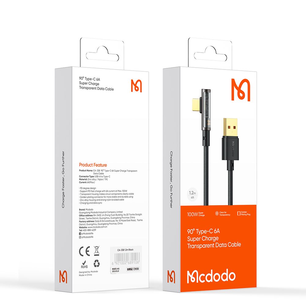 Datový a nabíjecí kabel USB-A - USB-C McDodo CA-3380 Angled, 100W, 1.2m, Černý