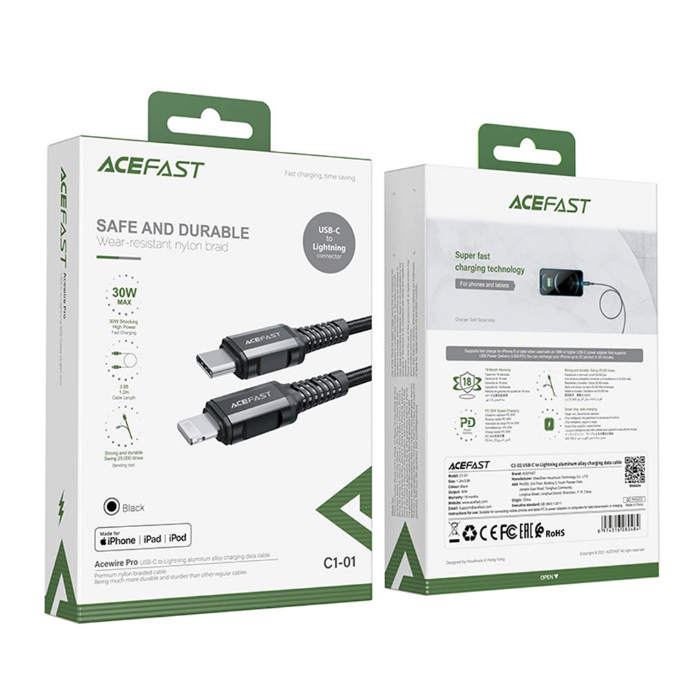 Datový a nabíjecí kabel USB-C - Lightning Acefast C1-01, 30W, 1.2m, černý