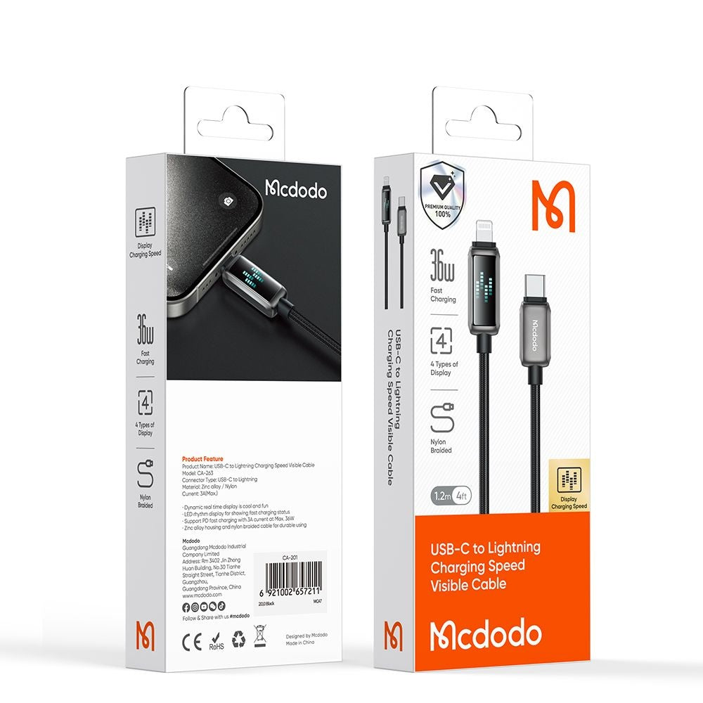 Datový a nabíjecí kabel USB-C - Lightning McDodo CA-2630 Display, 36W, 1.2m, černý