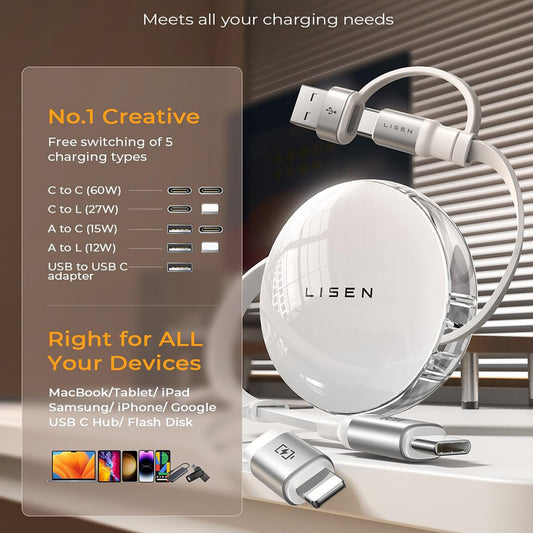 Datový a nabíjecí kabel USB-C / USB-A - USB-C / Lightning Lisen, 60W, 1m, bílý YL0123030001
